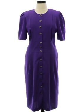 Vintage 80s Success Dress Purple Button Front Sheath Midi Dress Womens XL